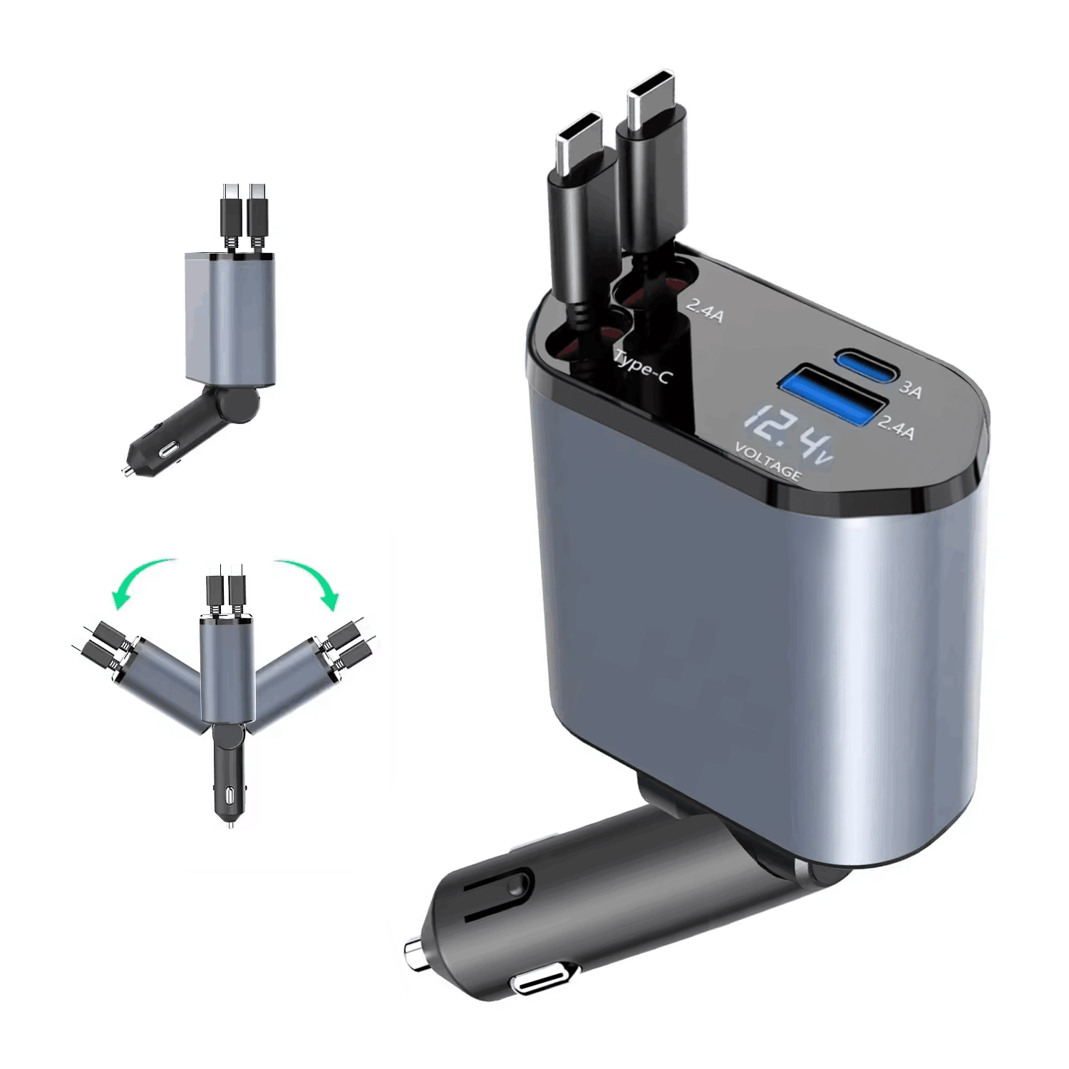 Car Charger Station with 2 Retractable Type-C Cables